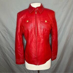 Vintage St. John red leather zip front jacket